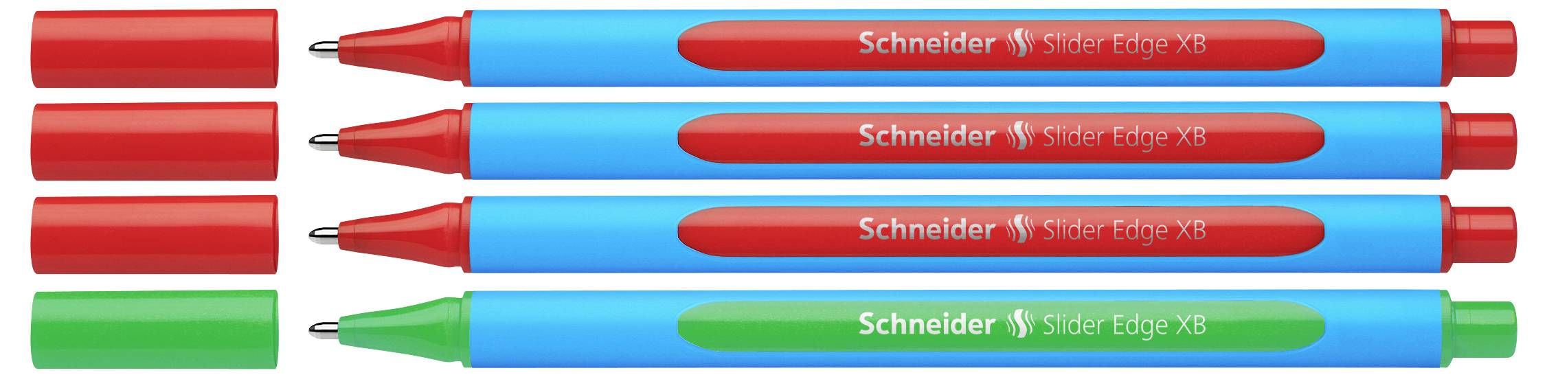 Vier Kugelschreiber mit rotem Korpus und grüner Akzentfarbe. Beschriftet mit 'Schneider Slider Edge XB'. Zwei mit abgenommenen Kappen.