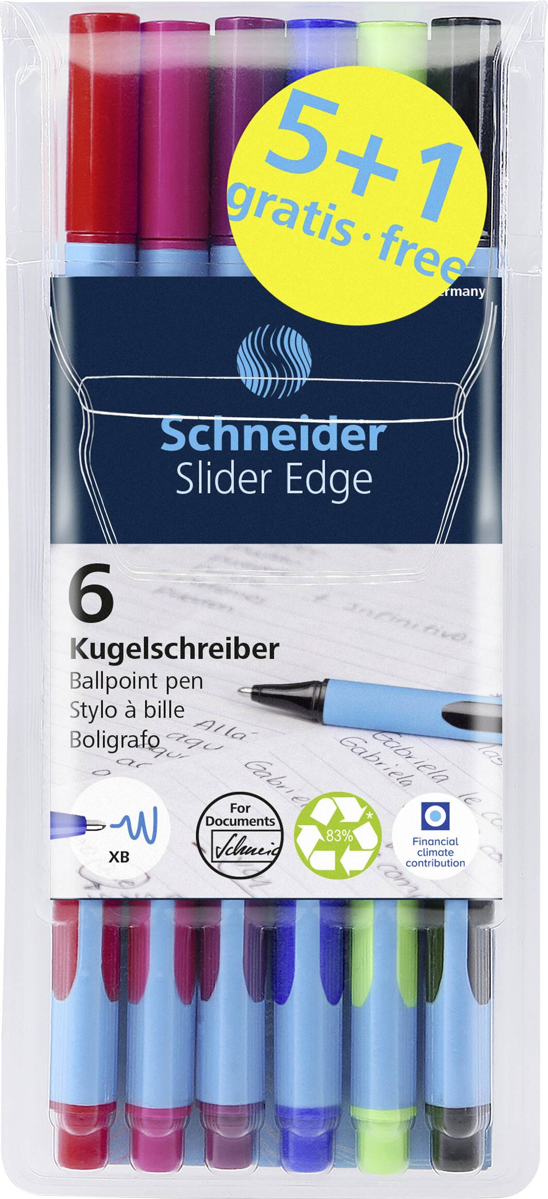 Packung mit sechs Schneider Kugelschreibern in verschiedenen Farben. Aufkleber '5+1 gratis'. Enthält blaue, rote, grüne und schwarze Stifte.