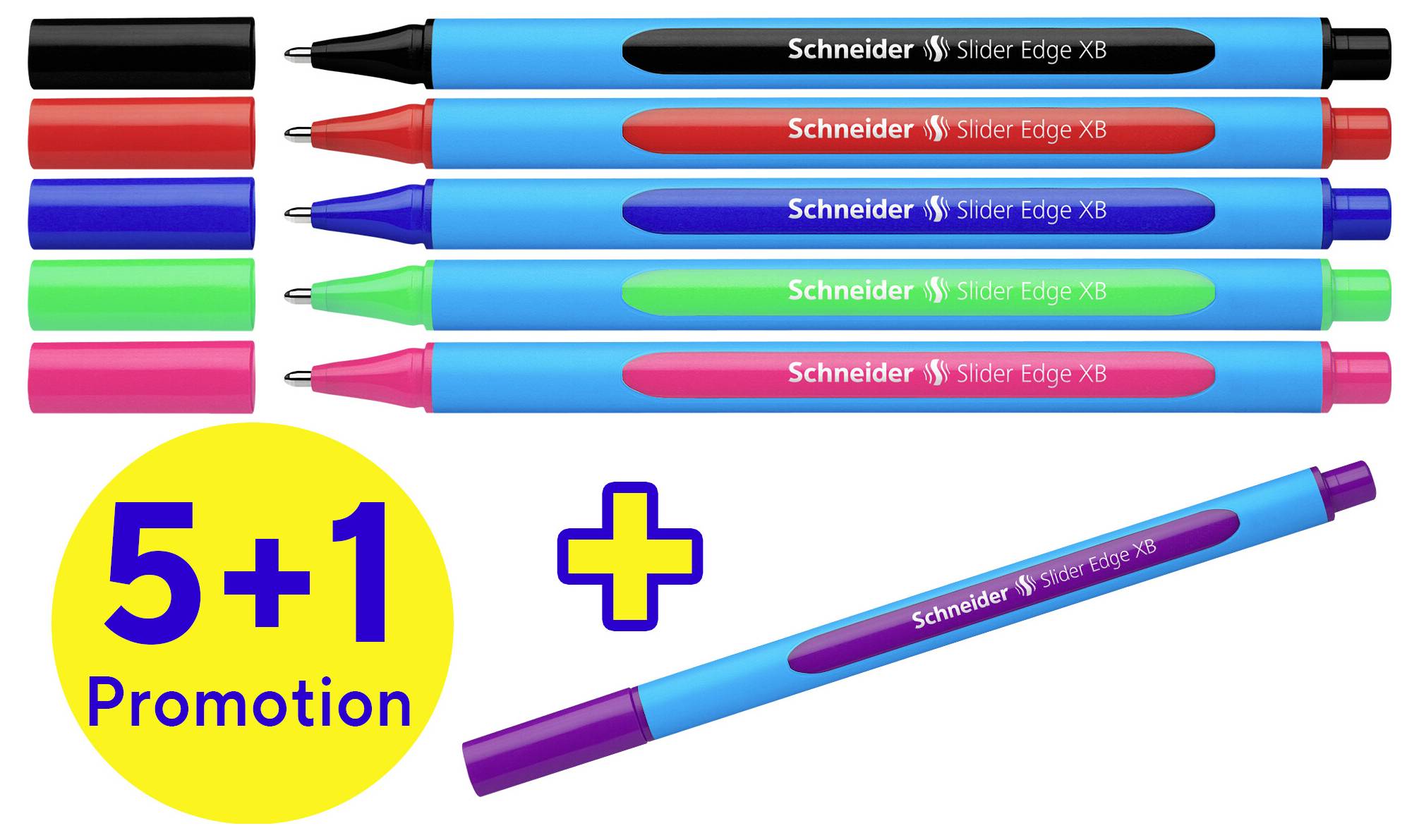 Sechs Schneider Slider Edge XB Stifte in verschiedenen Farben, plus ein zusätzlicher Stift. Text: '5+1 Promotion'.