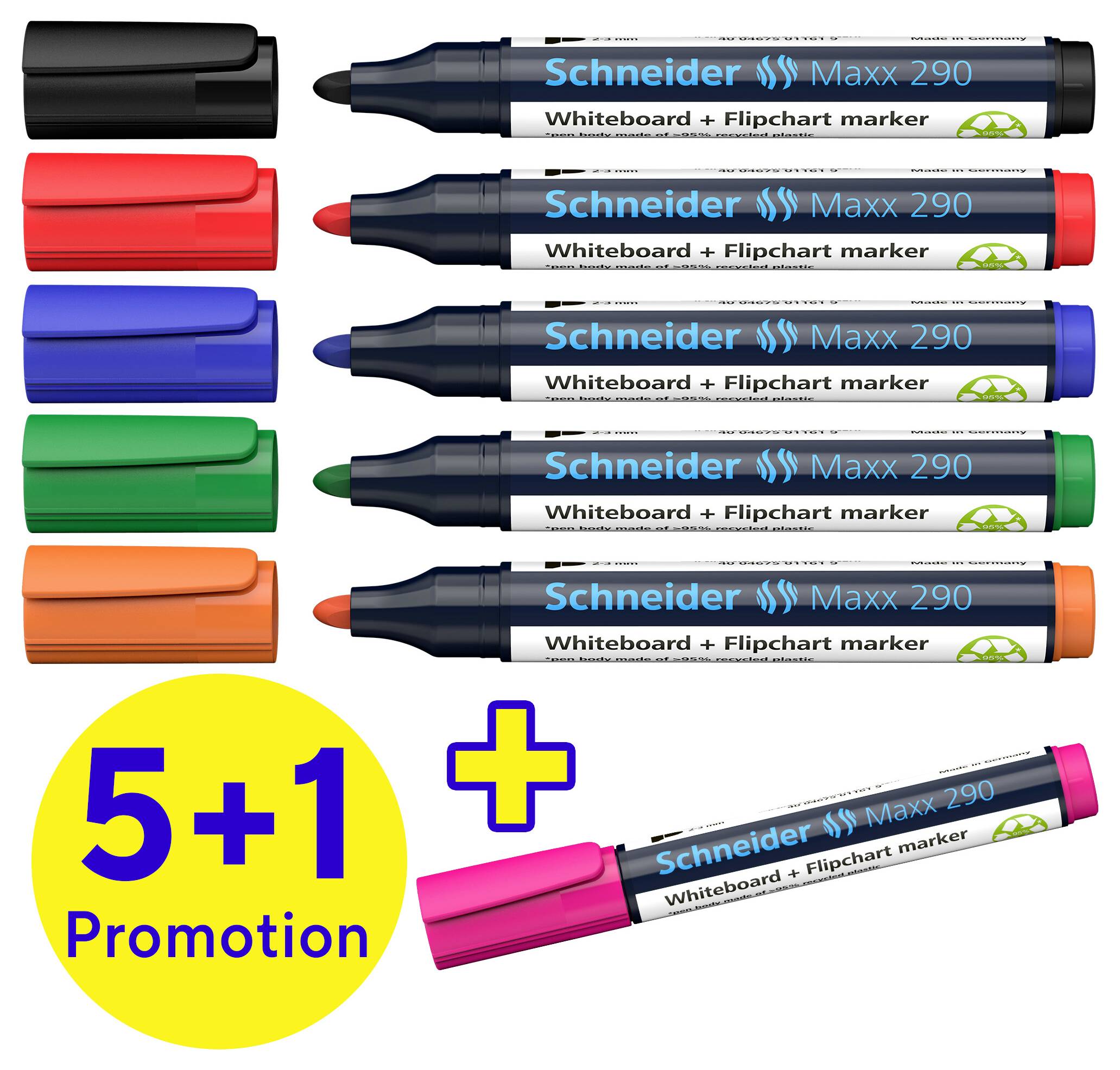 Sechs Whiteboard-Marker in verschiedenen Farben und ein zusätzlicher pinker Marker im Rahmen einer '5+1 Promotion'.