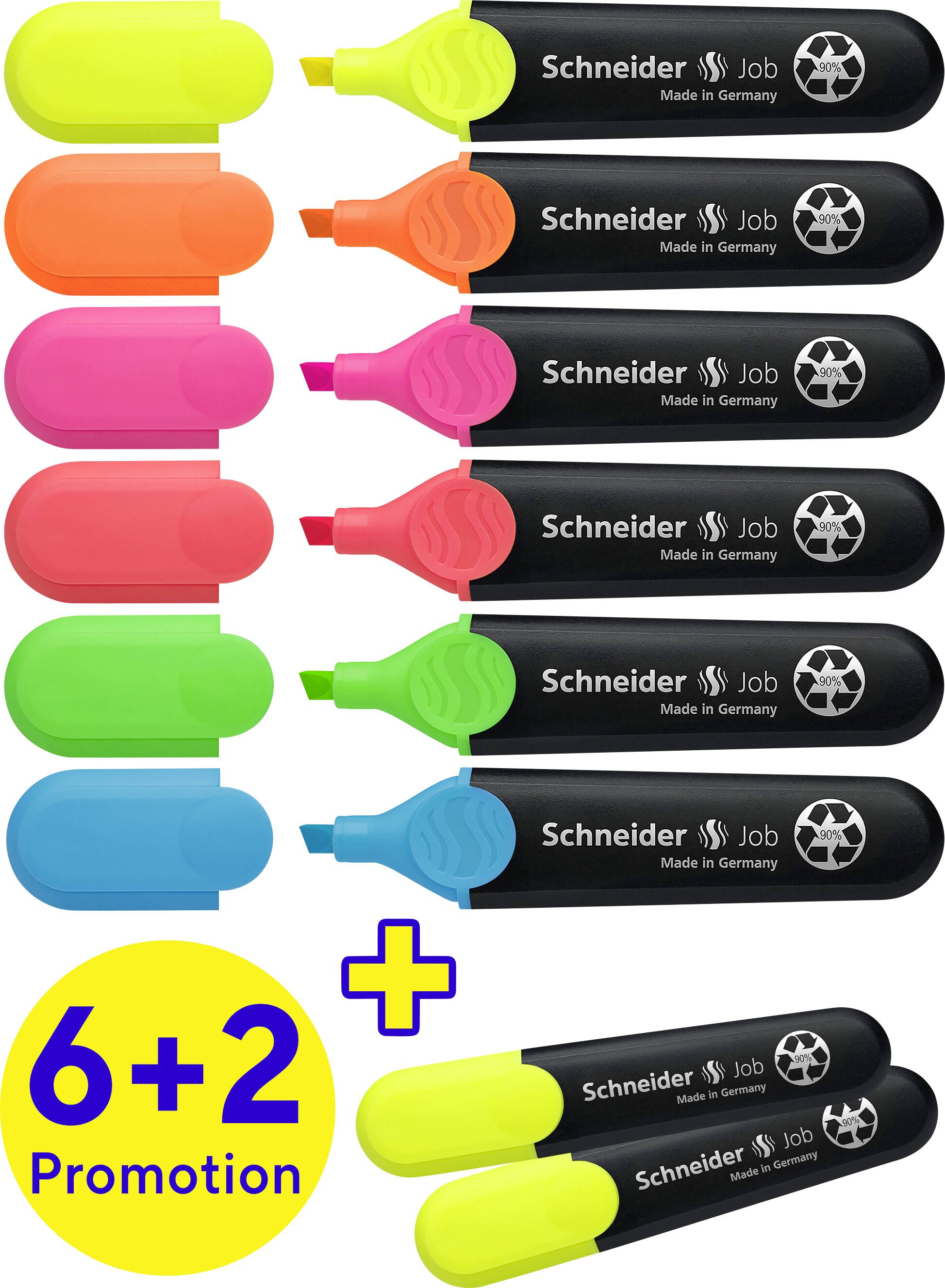 Acht Textmarker in verschiedenen Farben (gelb, orange, pink, grün, blau) mit Aufschrift 'Schneider Job'. Promo-Angebot: 6+2 gratis.