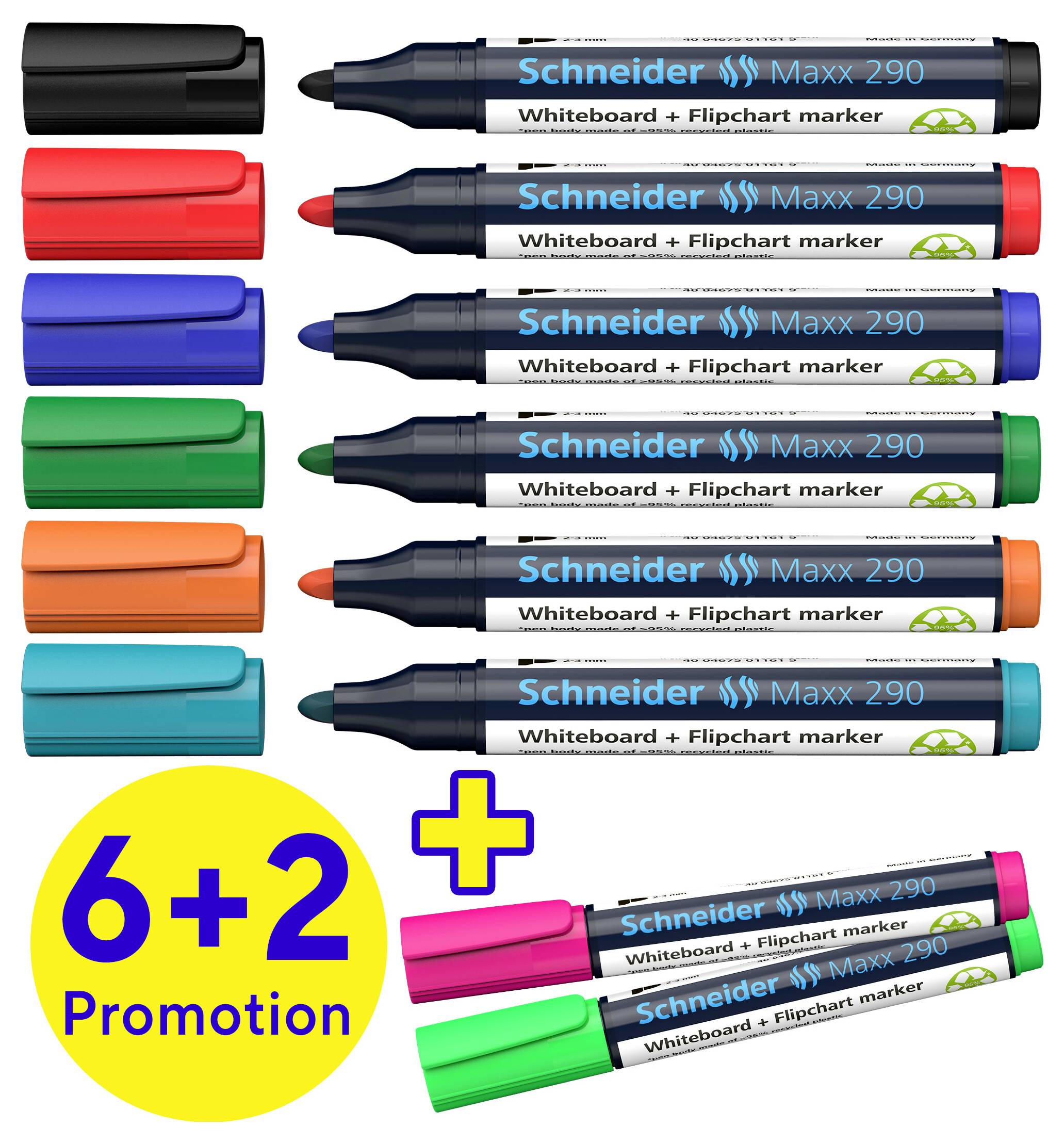 Acht Schneider Maxx 290 Marker in verschiedenen Farben, darunter Schwarz, Blau, Grün, Rot. Angebot: 6 kaufen, 2 gratis.