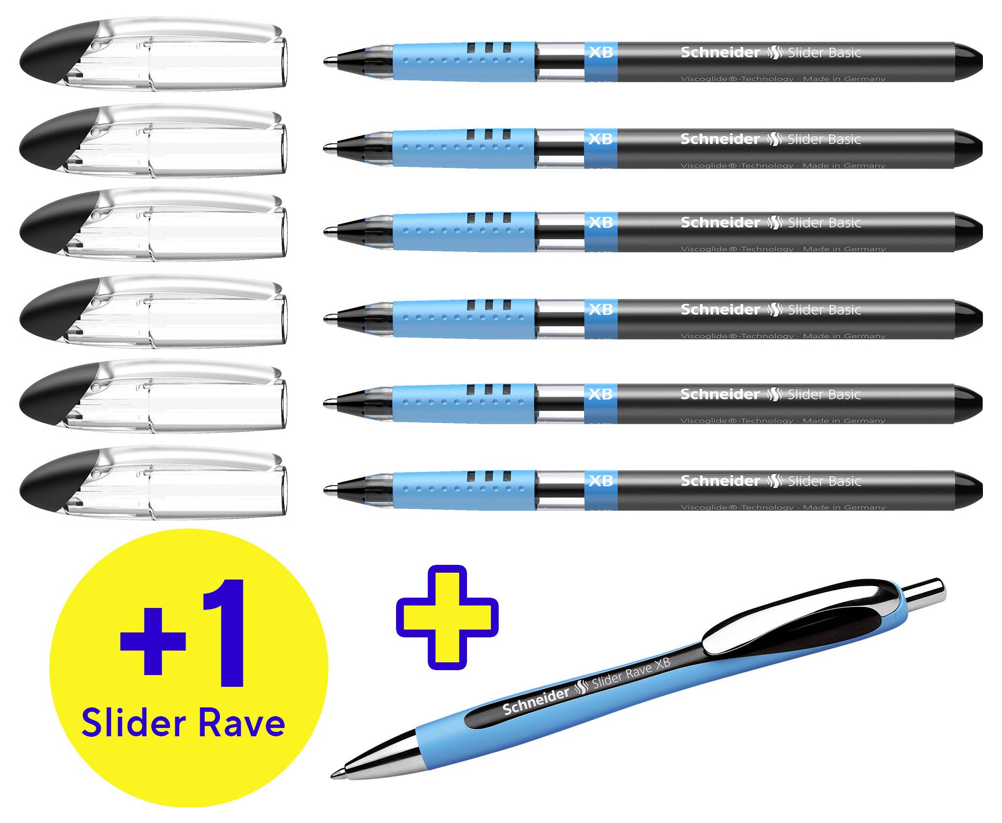 'Acht schwarze Kugelschreiber und ein blauer, je mit Klickmechanismus. Zusatzhinweis: 