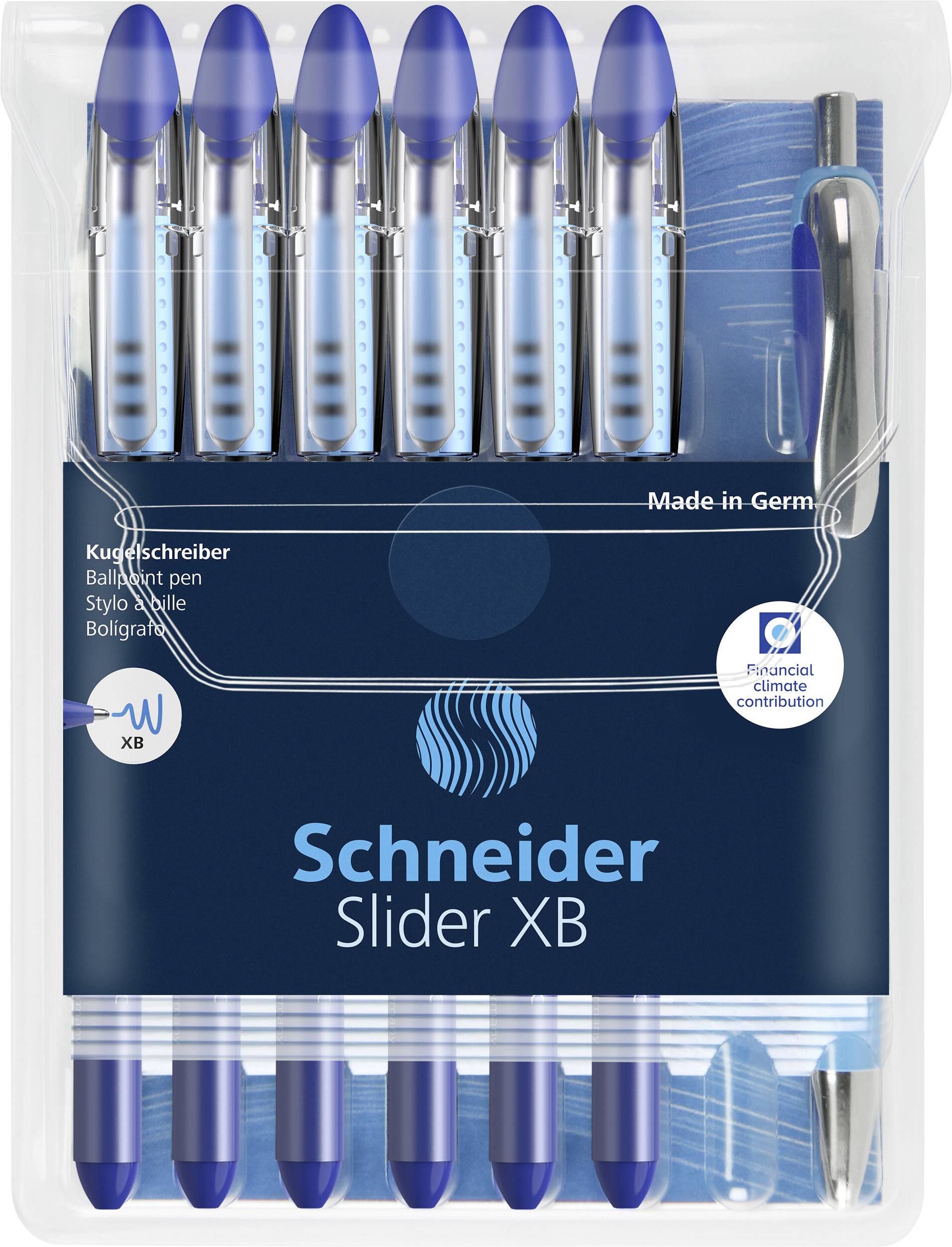 Ein Set von fünf blauen Kugelschreibern der Marke Schneider, Modell Slider XB, verpackt in einer transparenten Kunststoffhülle, 'Made in Germany'.