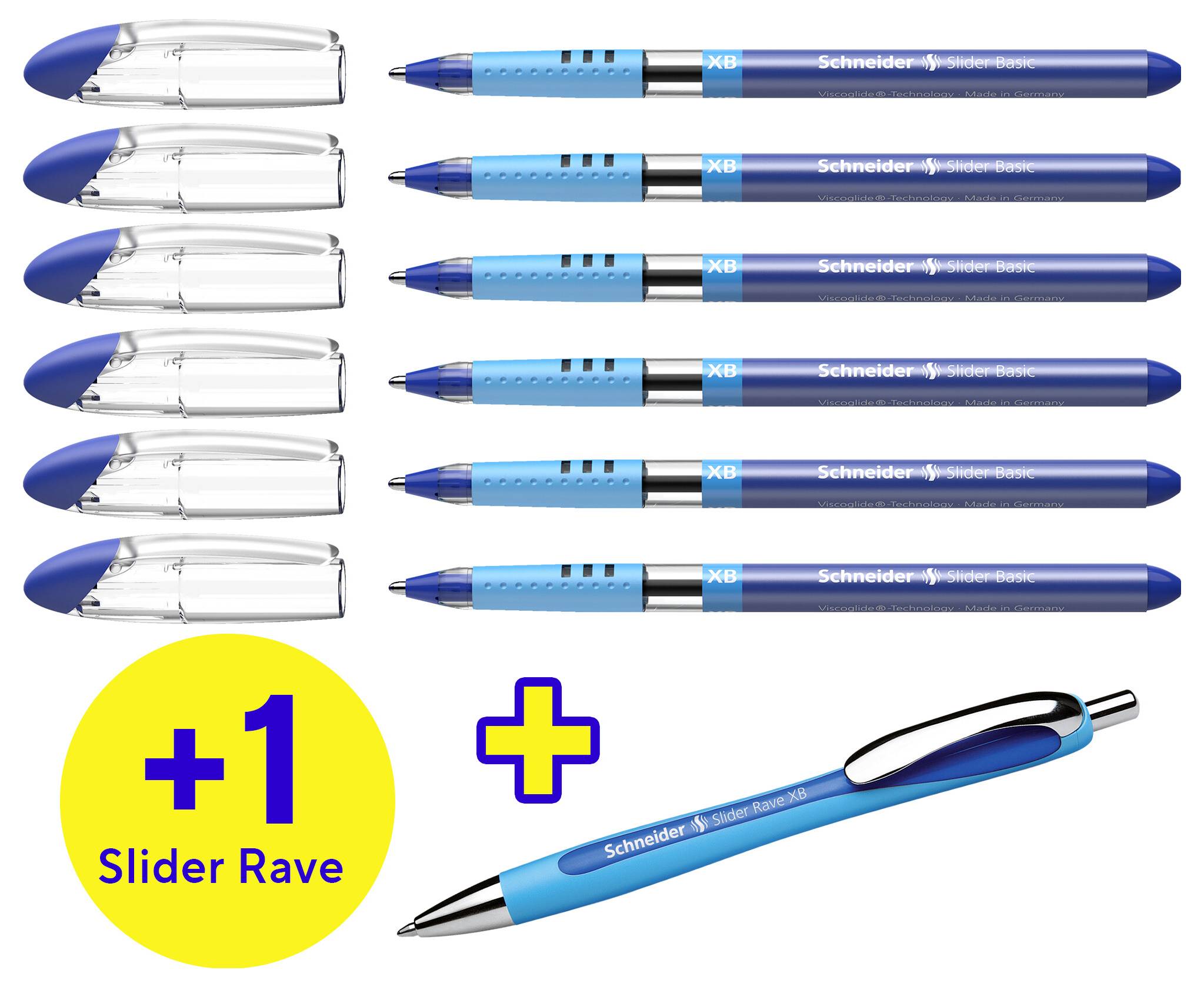Schneider Schreibgeräte Kugelschreiber Slider Basic XB Rave 6er Etui + Slider Rave XB blau 151277 K