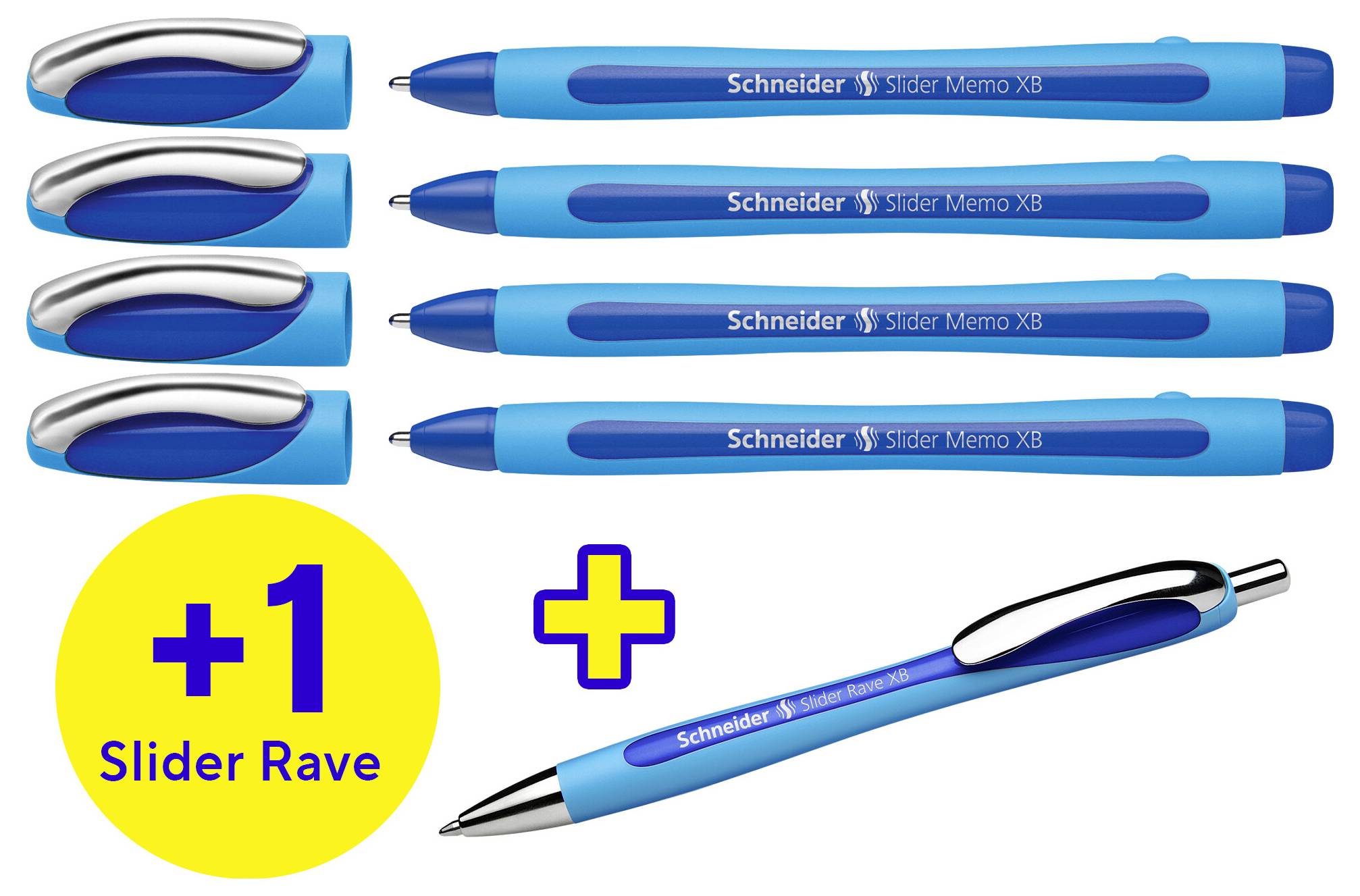 Fünf Schneider Slider Memo XB Stifte und ein Schneider Slider Rave Stift auf weißem Hintergrund.
