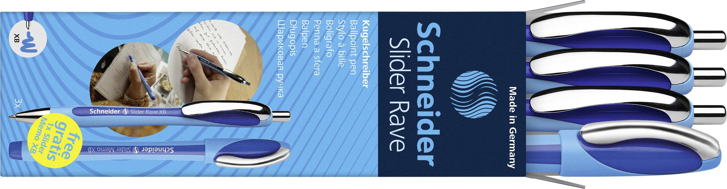 Schneider Schreibgeräte Box 3x Kugelschreiber Rave + 1x Memo blau 132574 Kugelschreiber 1 St.