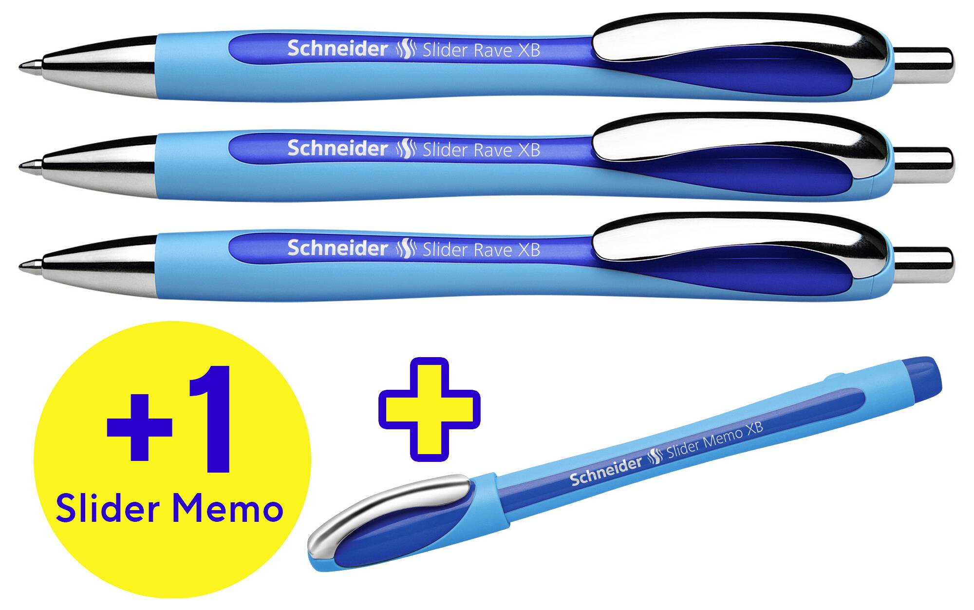 Drei blaue Kugelschreiber von Schneider mit der Aufschrift 'Slider Rave XB' und ein zusätzlicher Stift 'Slider Memo' als Bonus.
