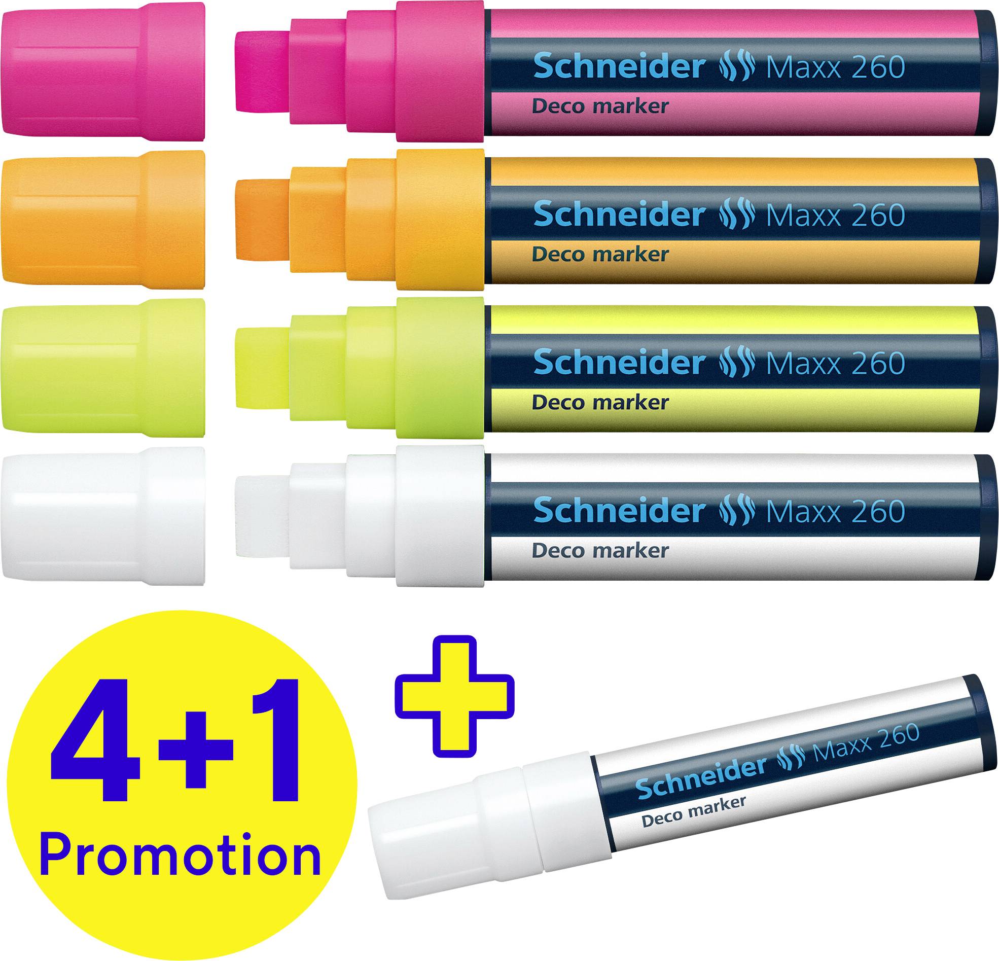 Fünf farbige Deco-Marker in Neongelb, Orange, Pink, Gelb und Weiß. Aufschrift 'Schneider Maxx 260' und '4+1 Promotion'.