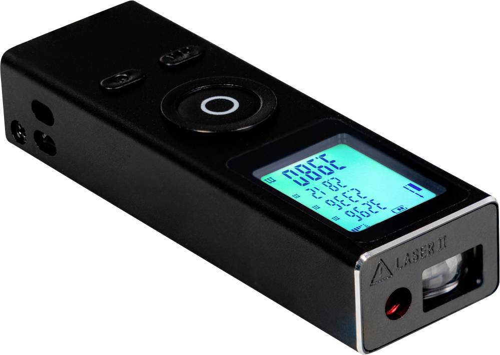 Laser-Entfernungsmesser mit digitalem Display. Zeigt Messungen in Metern an. Schwarzes, rechteckiges Gerät mit silbernem Rand.