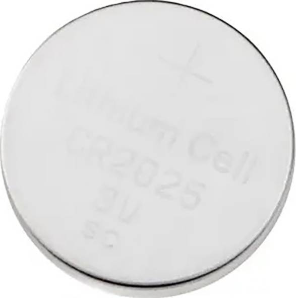 Eine silberne Knopfzelle mit der Aufschrift 'Lithium Cell CR2025 3V'.
