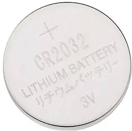 Runde silberne Knopfzellenbatterie mit der Aufschrift 'CR2032 LITHIUM BATTERY 3V'. Geeignet für kleine elektronische Geräte.