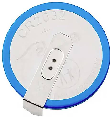 Runde Batterie in Silber und Blau mit der Aufschrift 'CR2032' und einer Metalllasche. Geeignet für elektronische Geräte.