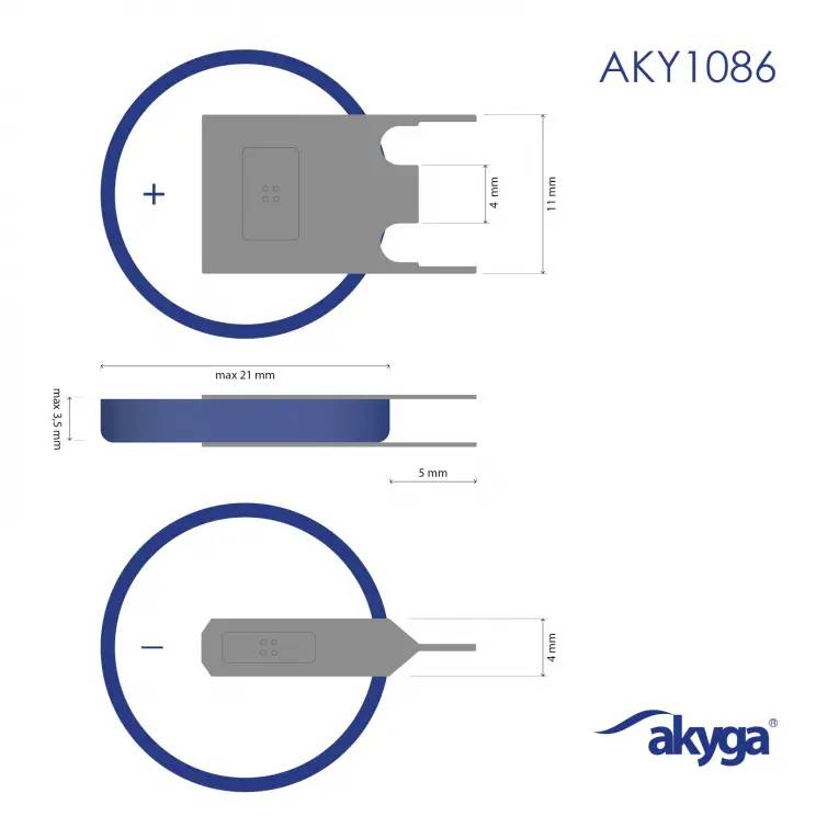 'AKY1086' Adapter-Spezifikationen: Seitenansicht zeigt flaches Design, max. 21 mm lang, 5 mm dick. Oben '+' Symbol und Messangaben. Akyga-Logo unten rechts.