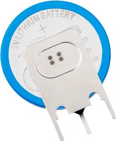 Runde, blaue Lithium-Batterie mit der Aufschrift '3V Lithium Battery', teilweise verdeckt von einer Metallhalterung.