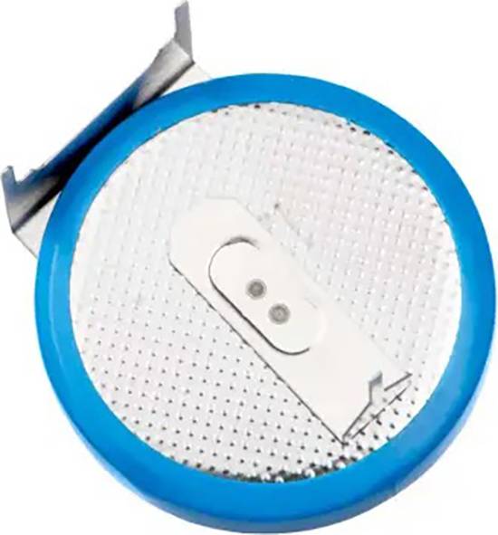 Blauer runder Batteriehalter mit silbernem Deckel und Metallkontakt. Der Halter ist leicht geöffnet, um eine Batterie einzulegen oder zu entnehmen.