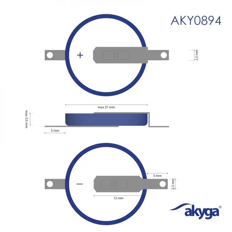 'AKY0894' Batteriehalter, oben und seitlich abgebildet mit Maßen: 21 mm max, 2 mm Dicke, 5 mm Befestigungslöcher. Marke 'akyga'.