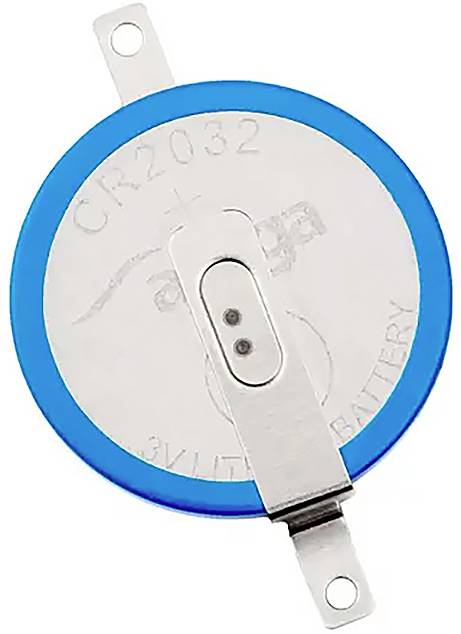 CR2032 Knopfzellenbatterie in Silber mit blauer Umrandung und zwei Metallkontakten.