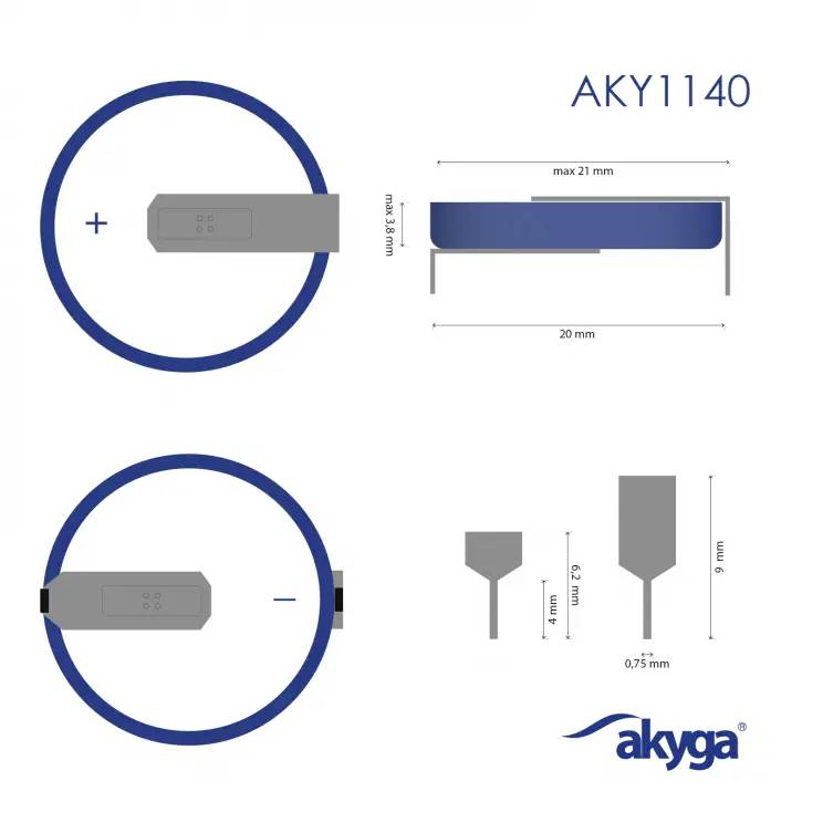 'Akyga AKY1140 Akku' in Abbildungen. Oben: Abmessungen 21x85 mm und 20 mm, Pluspol sichtbar. Unten: Minuspol sichtbar, Maße: 4 mm Dicke, 9 mm Breite.