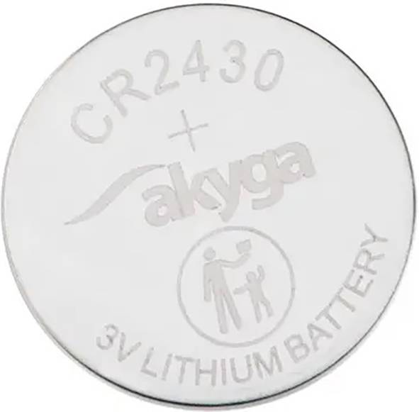 Runde Silberknopfzellenbatterie mit der Aufschrift 'CR2430', 'akya' und '3V Lithium Battery'.