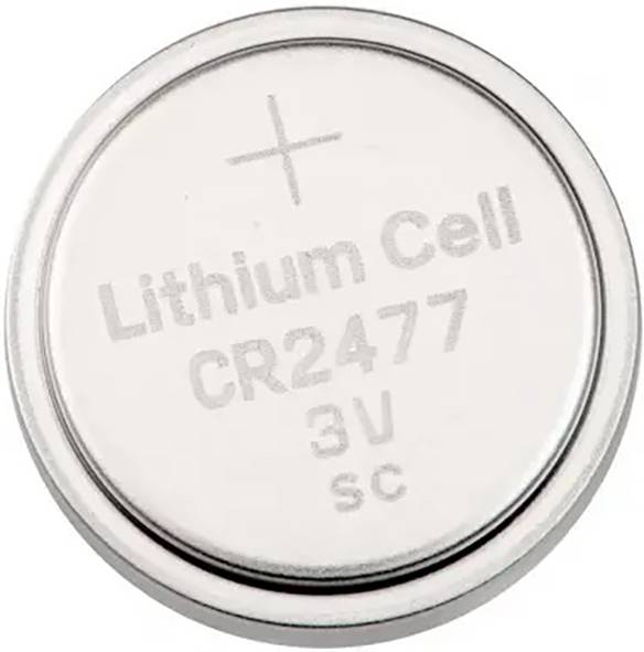 Runde Lithium-Knopfzelle mit der Aufschrift 'Lithium Cell CR2477 3V SC'.