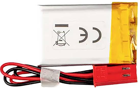 Ein Lithium-Polymer-Akku mit roten und schwarzen Kabeln und Steckverbindungen. Aufkleber zeigt ein durchgestrichenes Mülltonnensymbol für Recycling.