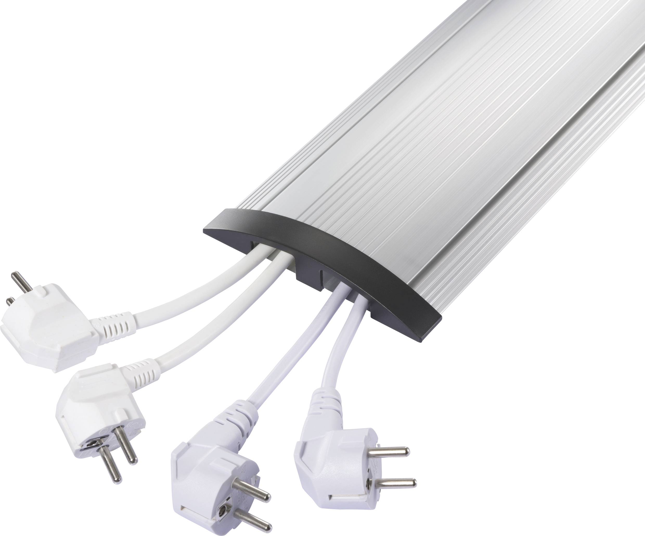 Ein Kabelkanal mit mehreren Steckdosekabeln ragt heraus. Die Kabel sind an eine silberne Schiene angeschlossen, die für Organisation sorgt.