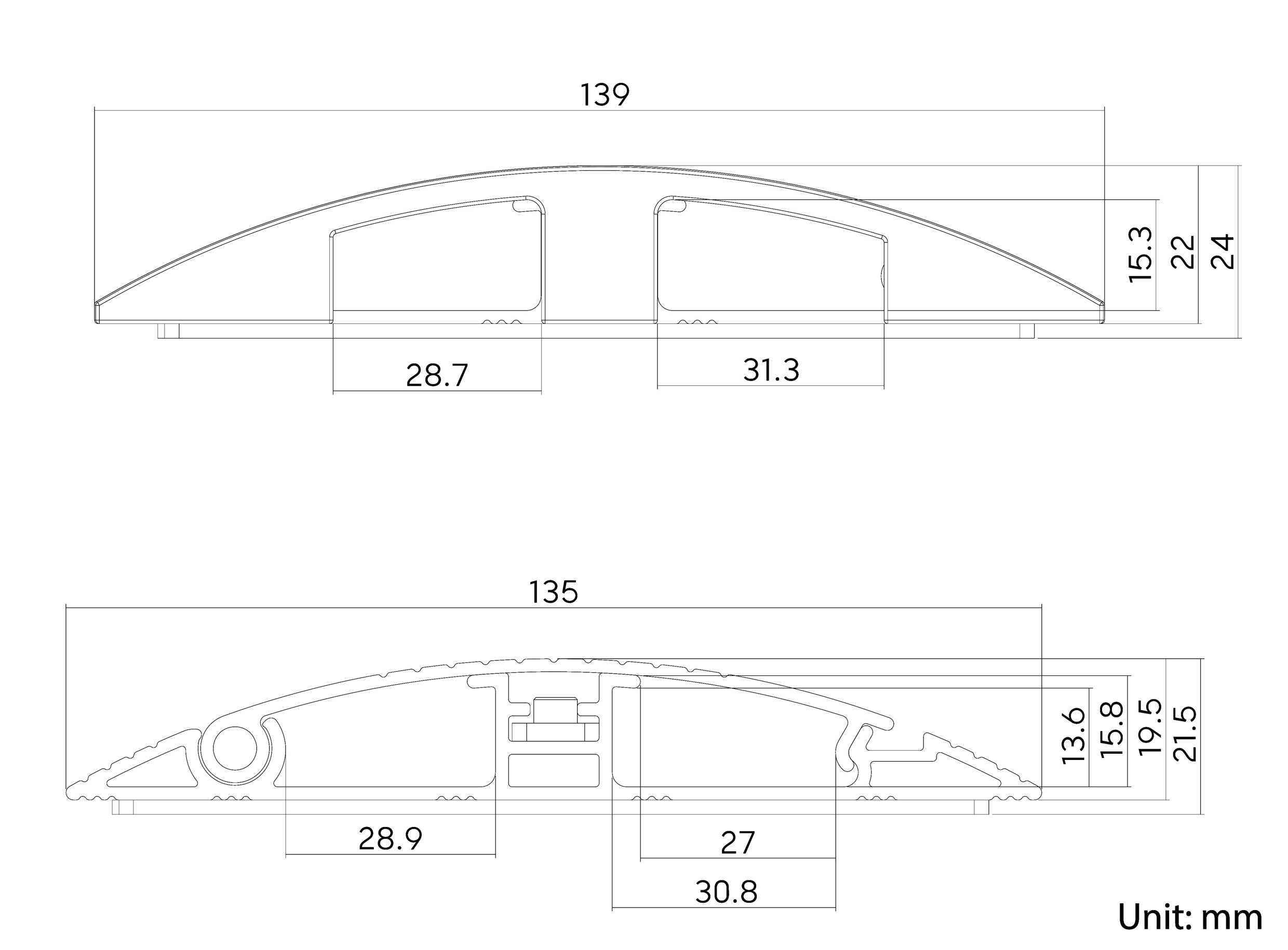 Technische Zeichnung eines Profils mit Bemaßungen in Millimetern; Längen und Höhen verschiedener Segmente sind angegeben.