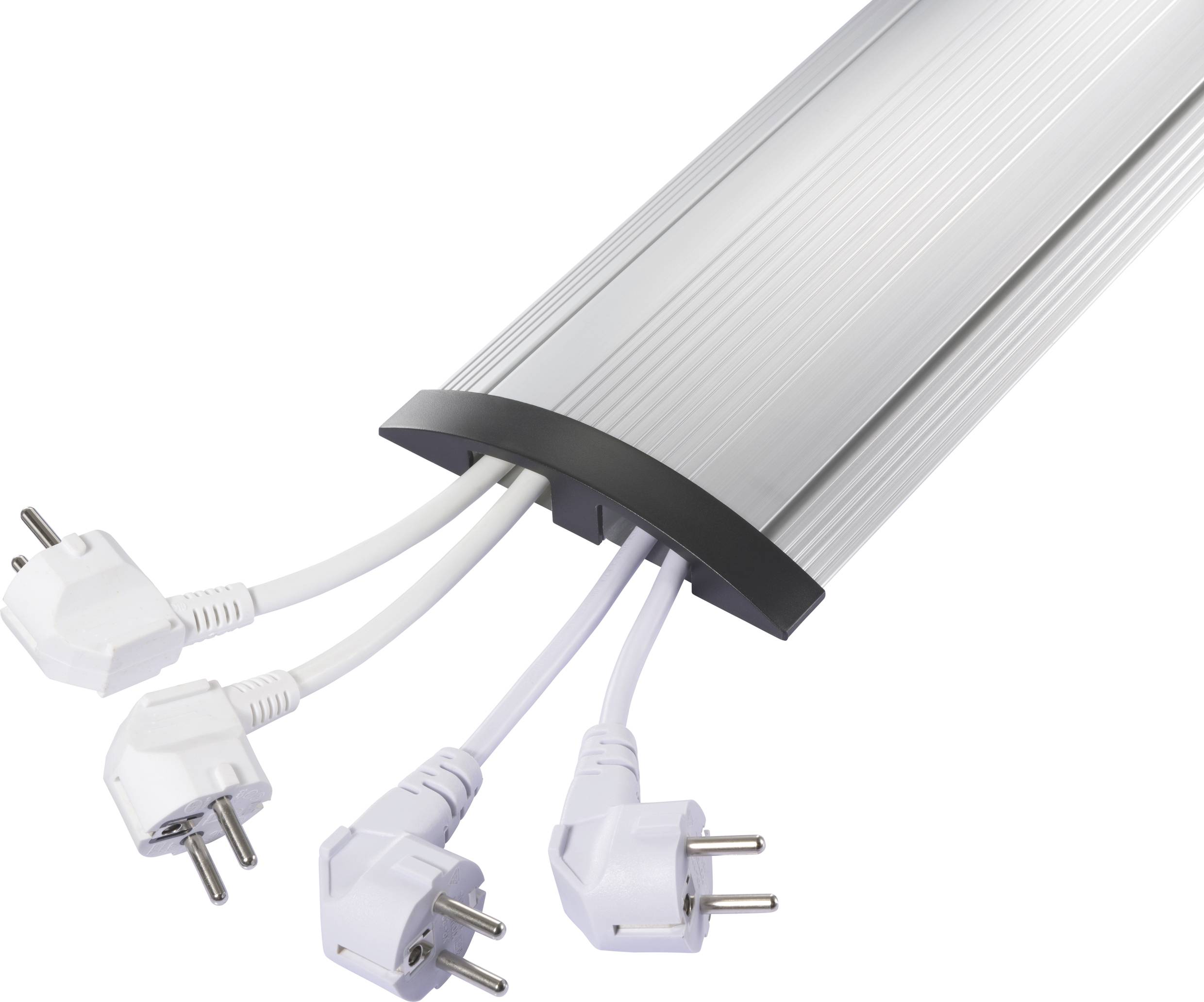 Kabelkanal aus Aluminium mit mehreren Steckdosen verbunden, verhindert Kabelsalat auf dem Boden. Geeignet für Büro- oder Heimnutzung.