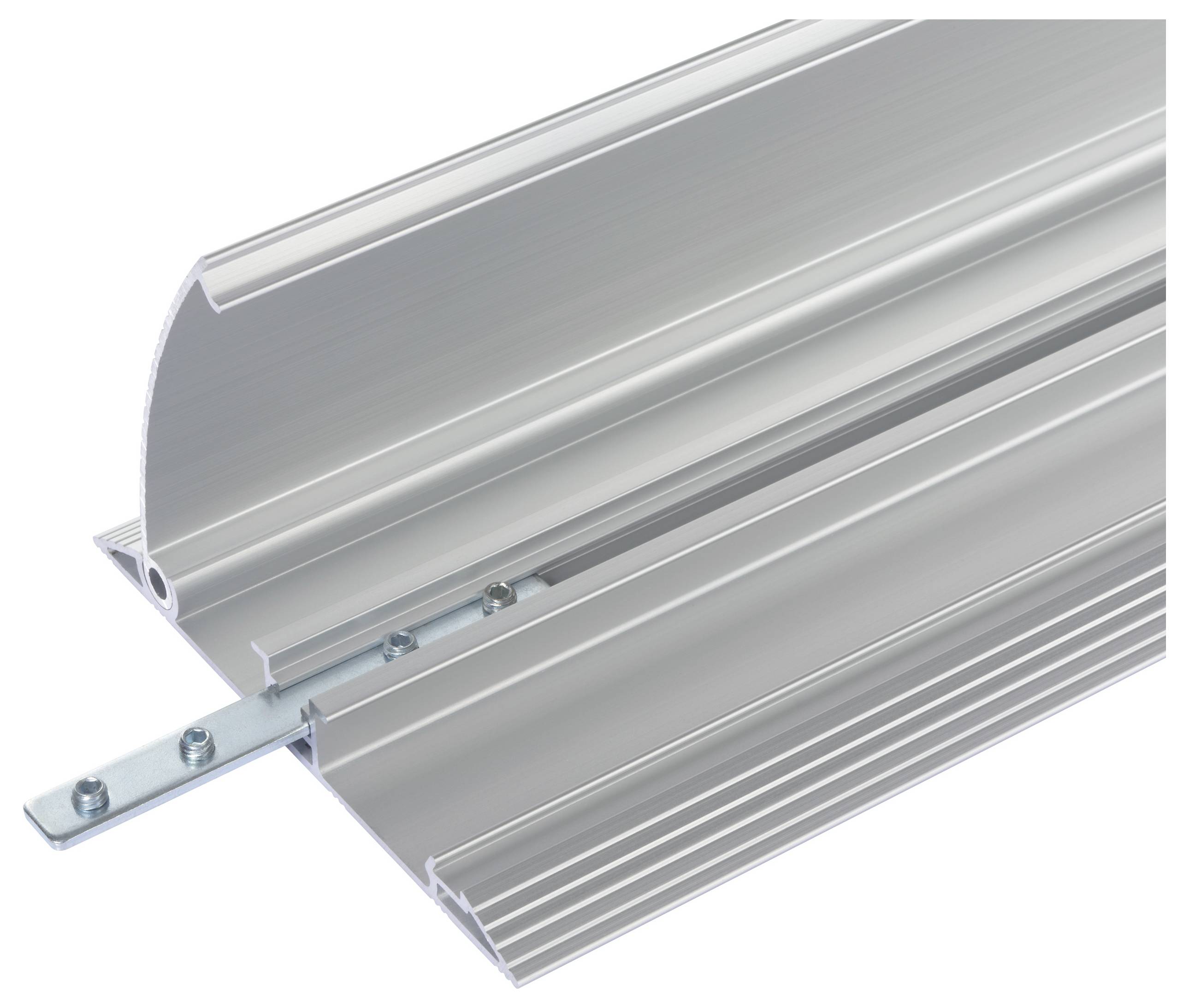 Aluminium-Profil für strukturelle Anwendungen, mit schmaler Metallschiene zur Befestigung auf der linken Seite. Geeignet für Bauteile.