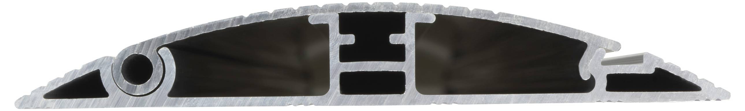 Querschnitt eines Aluminiumprofils mit Hohlkammern und Verstärkungsrippen, typisch für Bau- oder Industrieanwendungen.