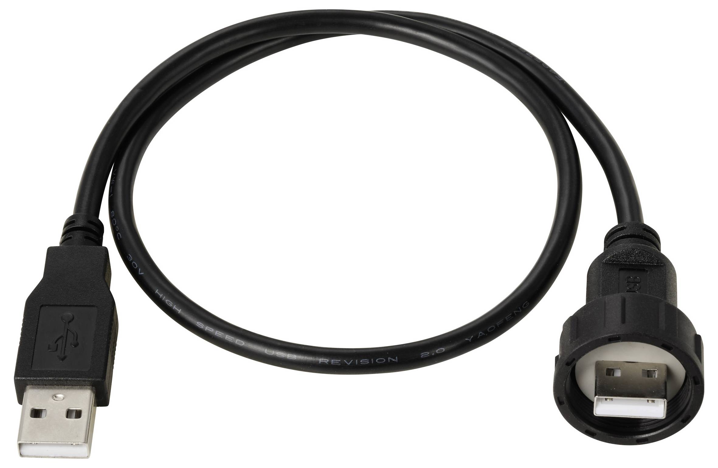 Ein USB-Verlängerungskabel mit männlichem und weiblichem Anschluss, schwarzes Kabel, geeignet zur Verlängerung von USB-Verbindungen.