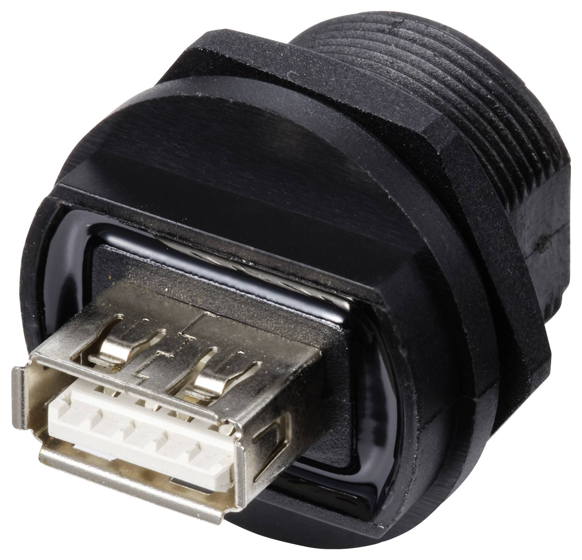 USB-Anschlussbuchse, eingebaut in ein schwarzes Kunststoff-Gehäuse, mit Metallkontaktzellen.