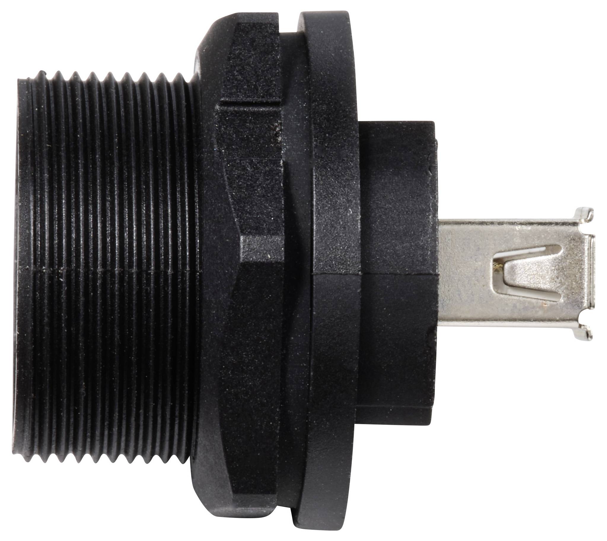 Schwarze, zylindrische Elektroklemme mit Gewinde und Metallkontakt, seitlich abgebildet, vor weißem Hintergrund.