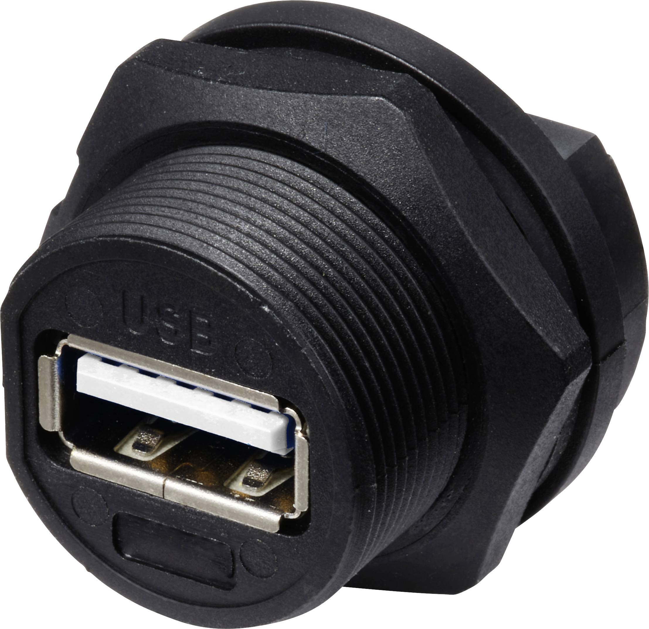 Schwarzer USB-Anschlussadapter, zylindrische Form, mit Befestigungsgewinde, geeignet für elektrische Schnittstellenverbindungen.