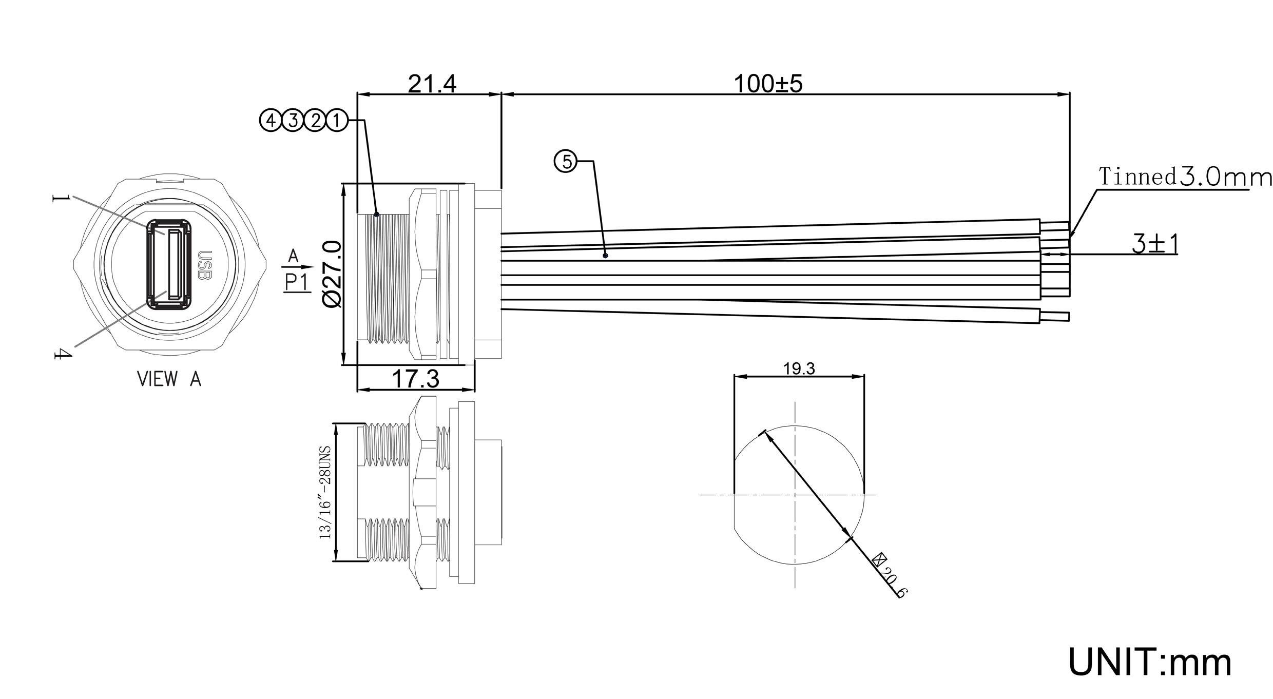 USB 2.0-Buchse für die rückseitige Montage mit Draht IP67 (Gewinde) Kabel 0,1m TC-E13T-FU2-PWF-0.1PV Wasserdichtes
