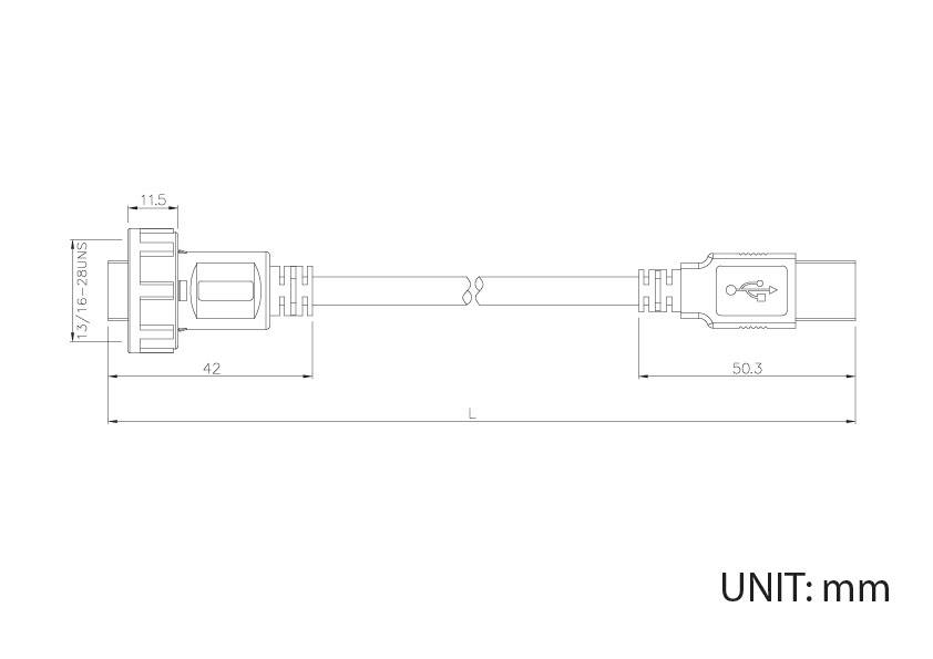 Technische Zeichnung eines USB-Kabels mit Maßen. Die Stecker sind detailliert dargestellt. Beschriftung 'UNIT: mm'.