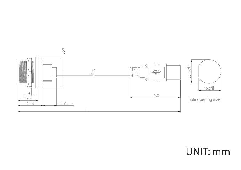 Technische Zeichnung eines USB-Verbindungskabels mit Abmessungen in Millimetern. Zeigt Steckertyp, Kabellänge und Lochöffnung.