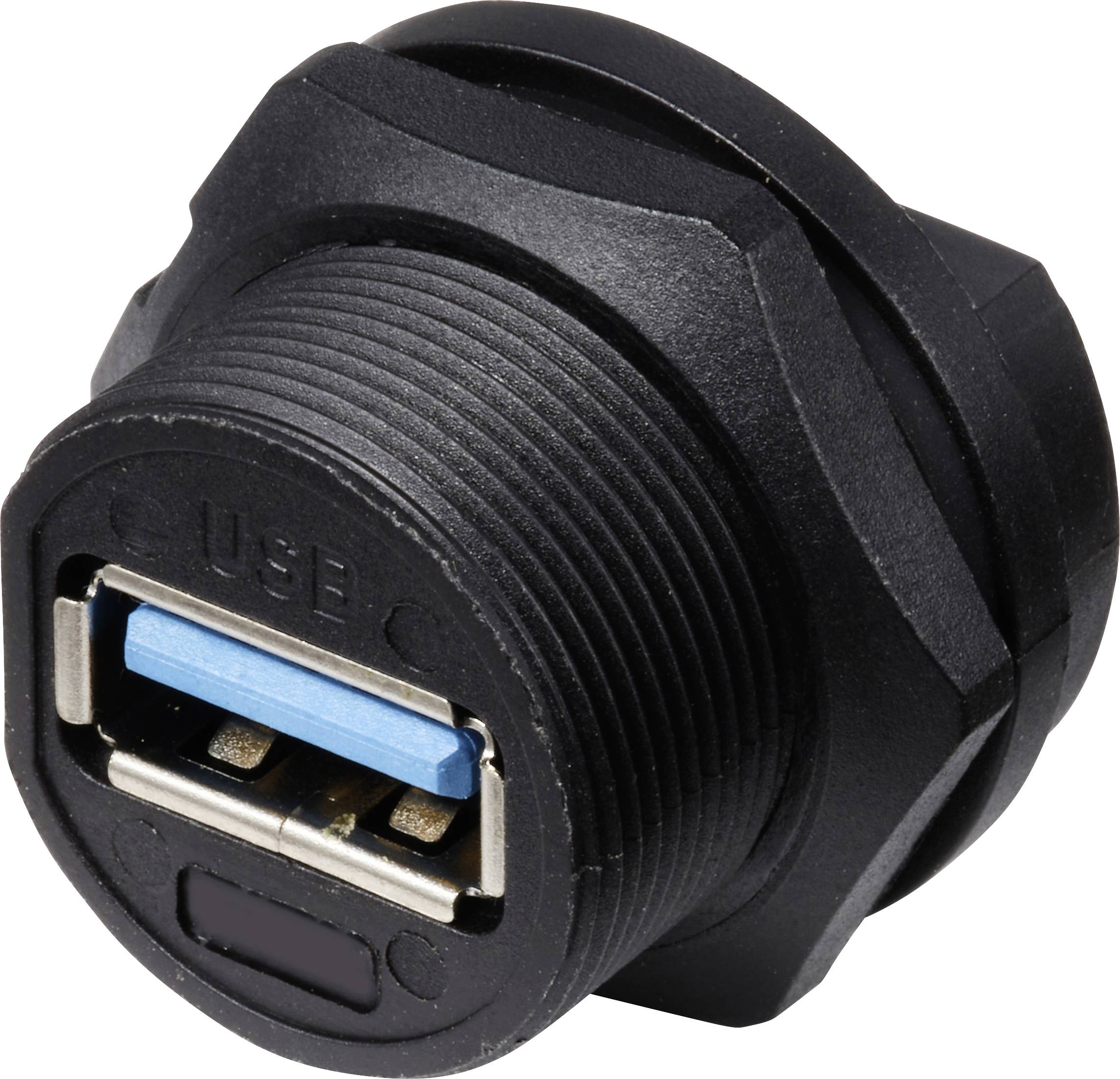 Ein schwarzer USB-Anschluss mit blauem Innenraum, eingebaut in ein zylindrisches Gehäuse, geeignet für robuste Anwendungen.