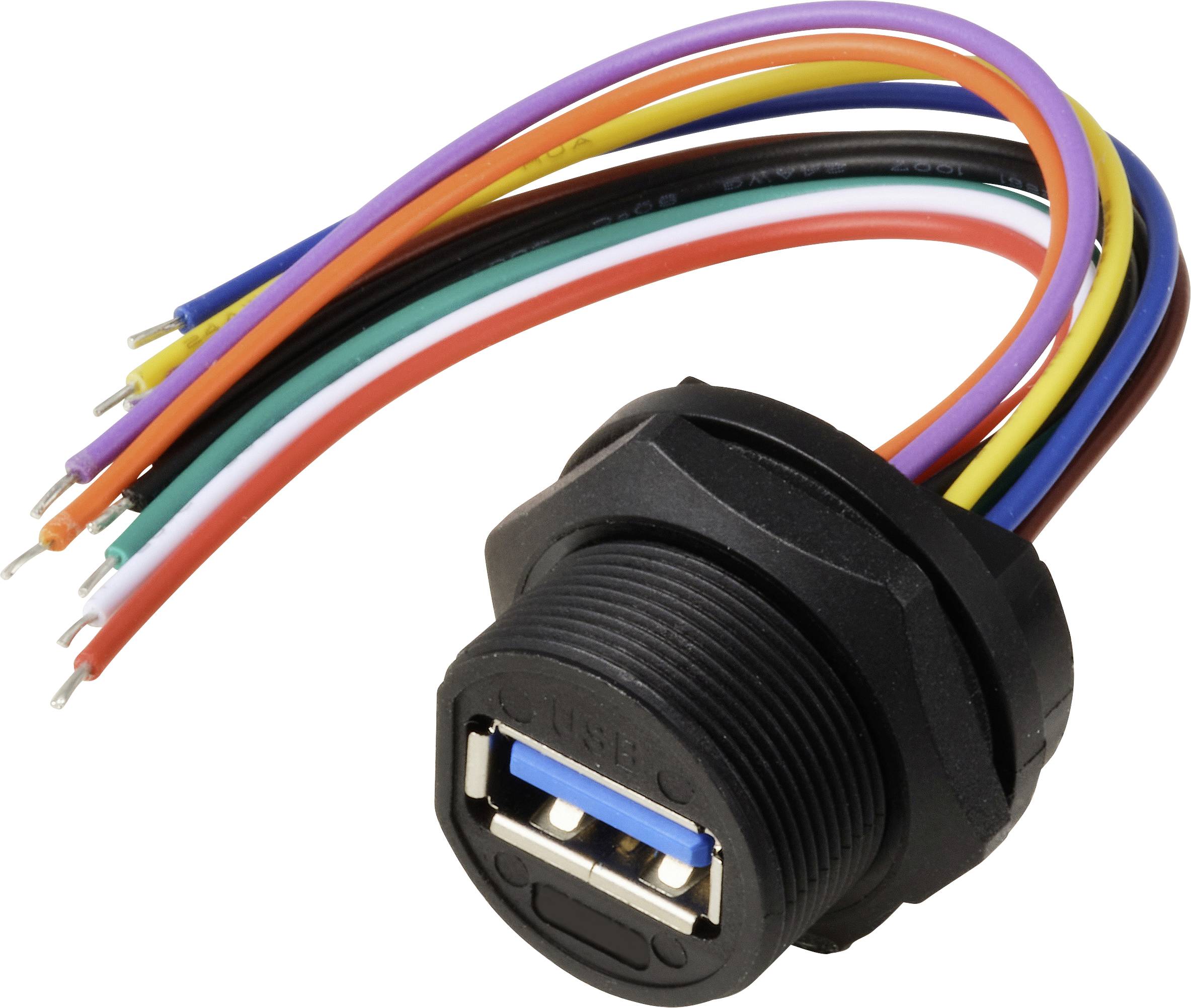 USB-Anschluss mit mehreren farbigen Kabeln zur Datenübertragung und Stromversorgung in elektronischen Geräten.