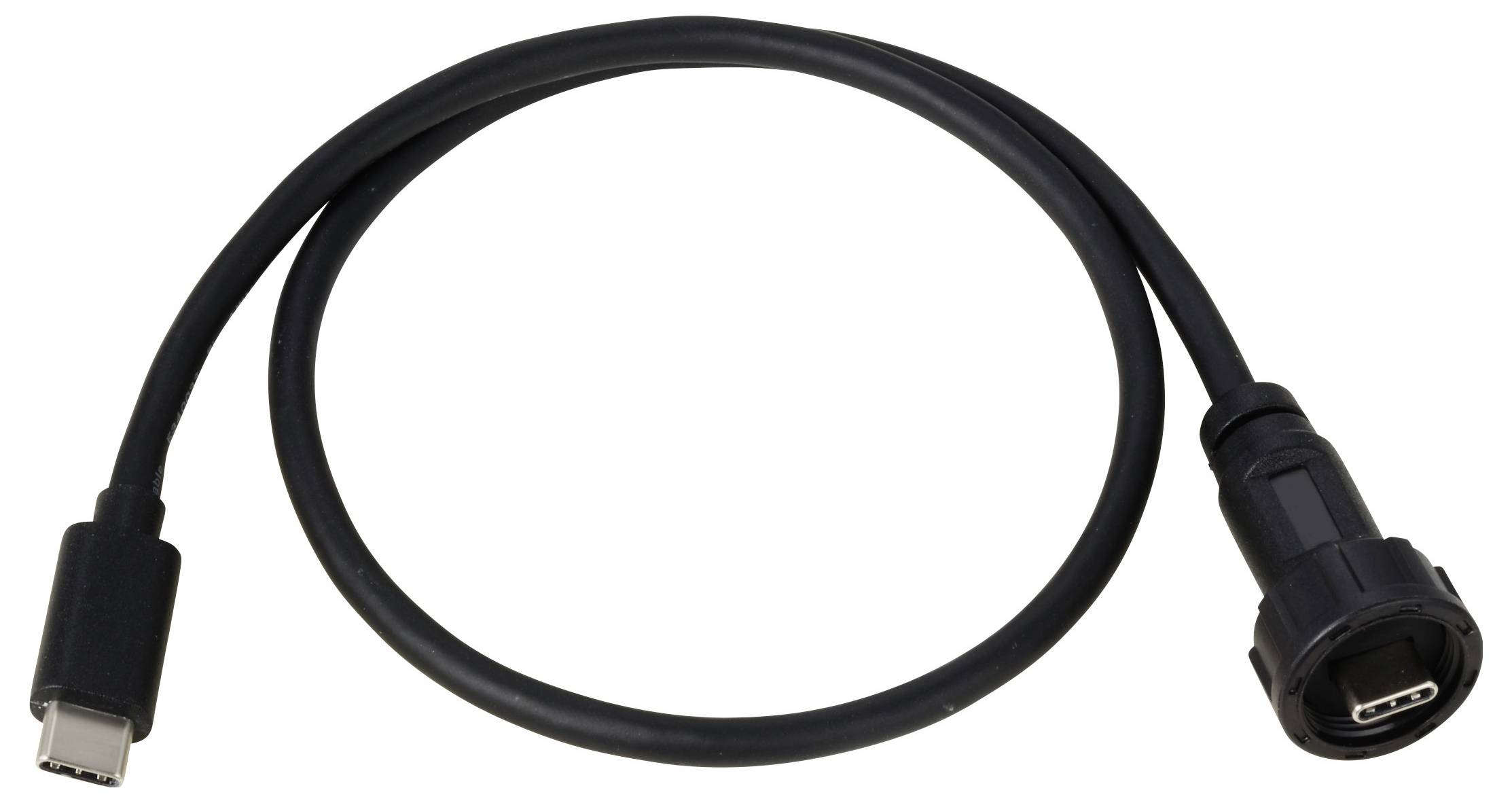 Ein schwarzes USB-C-Kabel mit Stecker an beiden Enden, geeignet für Datenübertragung und Laden von Geräten.