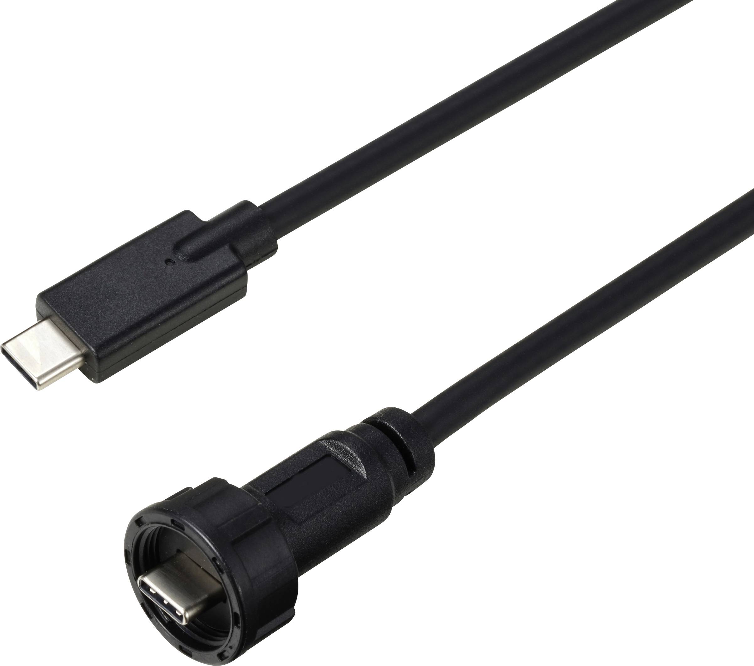 Ein schwarzes Kabel mit USB-C-Stecker und rundem Anschluss, geeignet für den Anschluss elektronischer Geräte an spezialisierte Hardware.