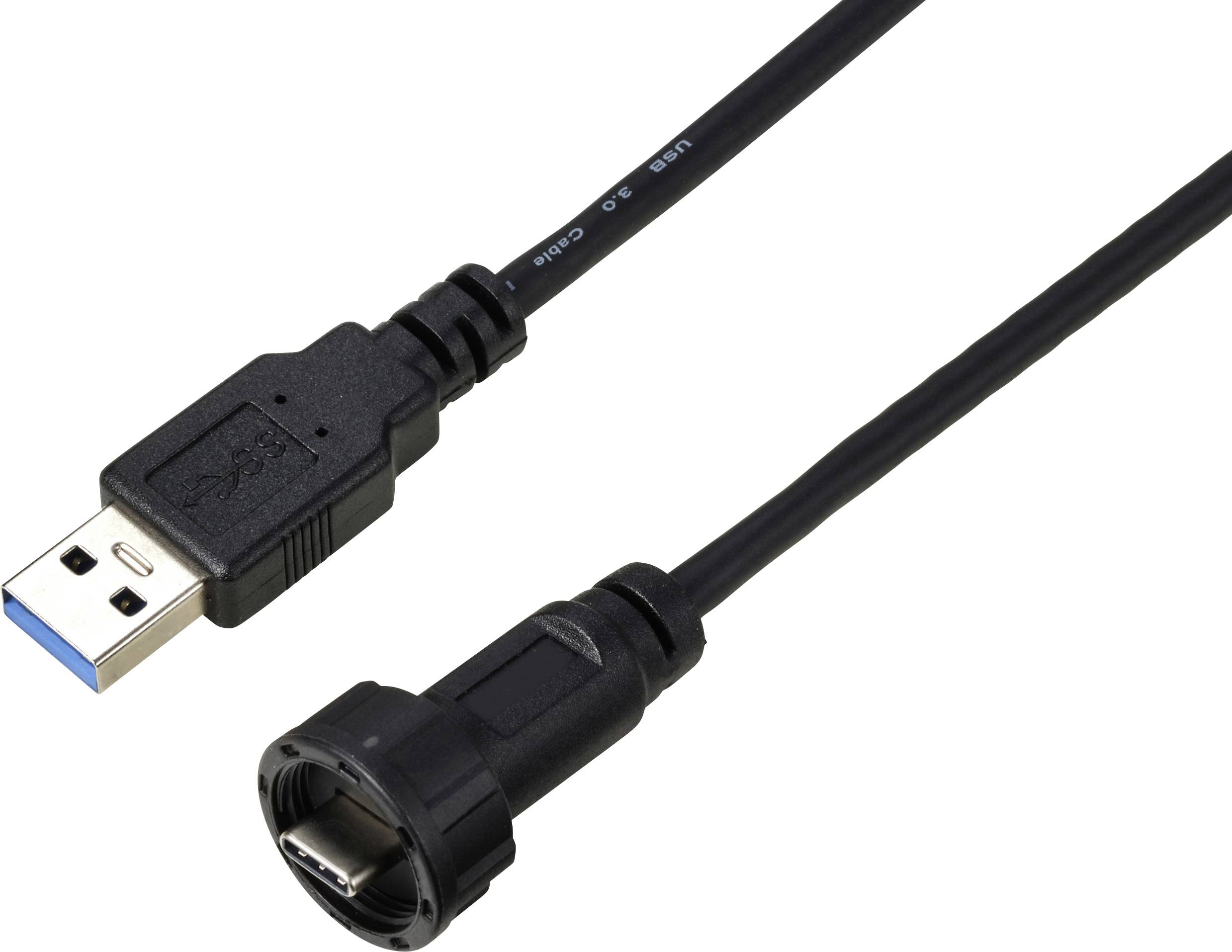 USB 3.0-Kabel mit zwei unterschiedlichen Steckertypen: links ein USB-A-Stecker, rechts ein runder Anschluss.