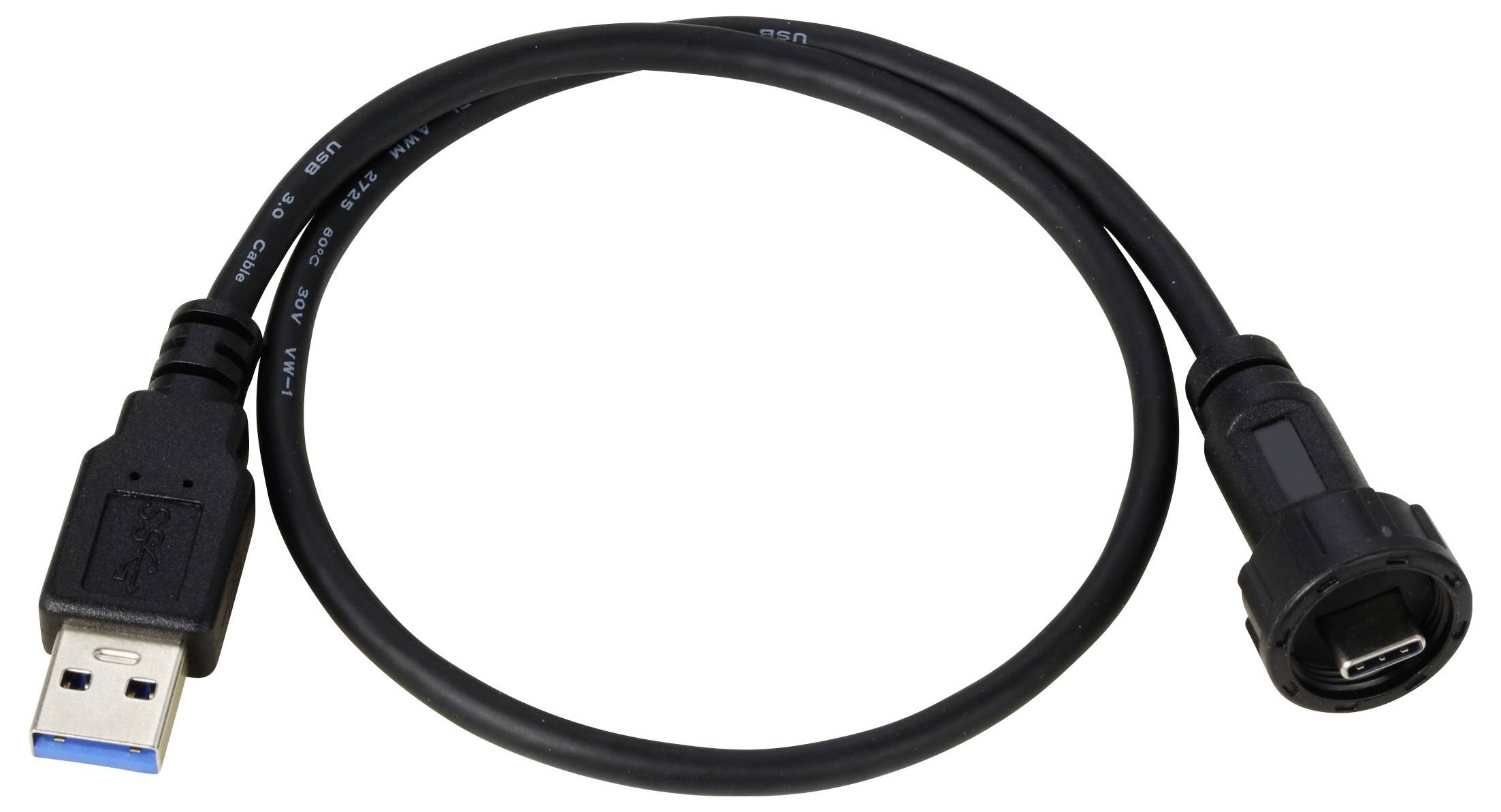 Ein schwarzes USB-Kabel mit einem USB-A-Stecker auf der linken Seite und einem USB-C-Stecker auf der rechten Seite.