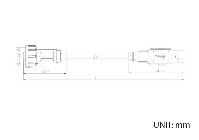 Technische Zeichnung eines USB-Kabels mit Maßen in mm; links Stecker, rechts USB-Anschluss.
