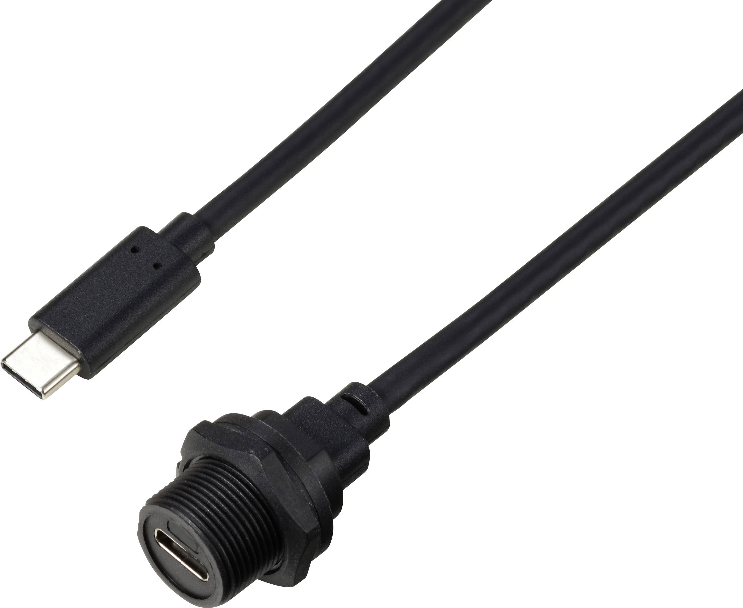 USB-C-Kabel mit Anschluss für die Frontplatte, geeignet für den Einbau in ein Gerät oder Gehäuse. Zeigt die Vorder- und Rückseite.