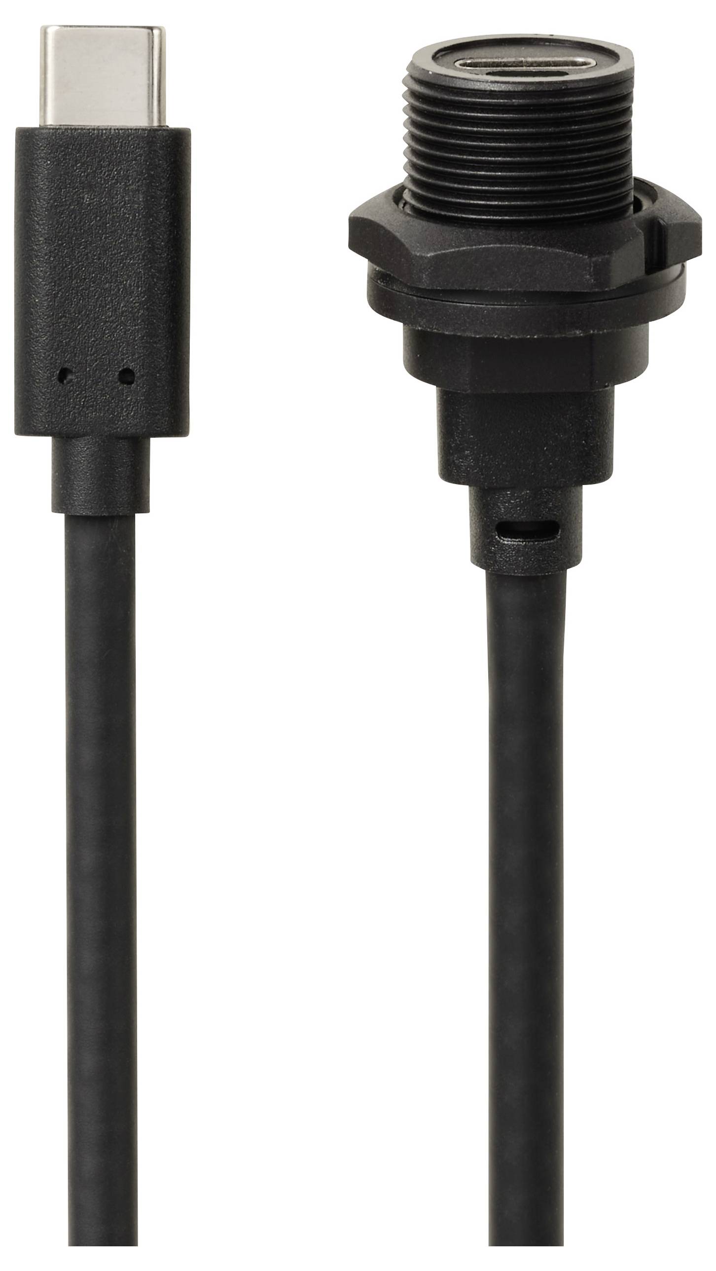 Zwei USB-C-Stecker: links Standard-USB-C, rechts montierbarer USB-C-Anschluss mit Schraubgewinde. Ideal für robuste Anwendungen.