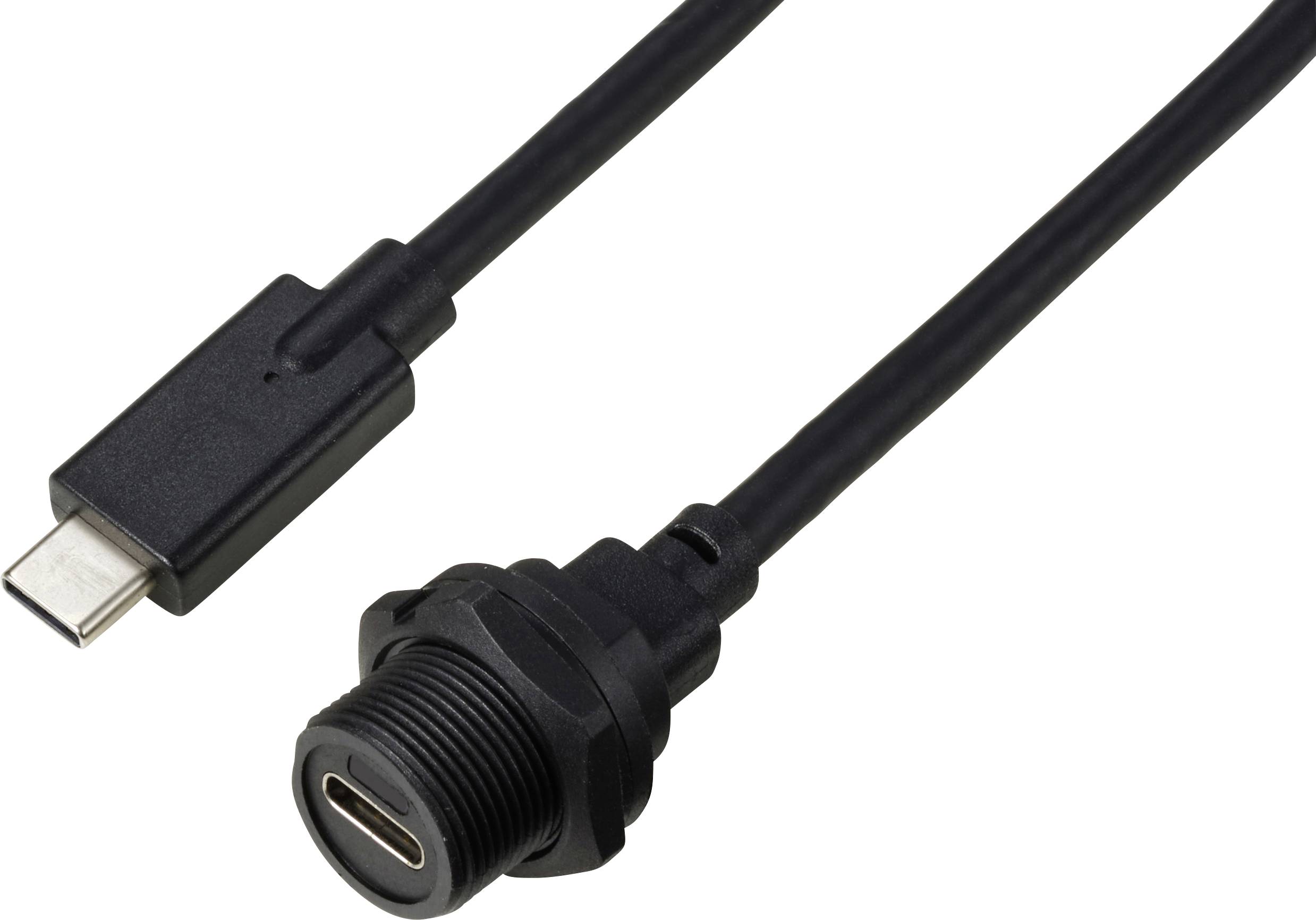 Ein schwarzes USB-C-Kabel mit einem Stecker und einer Buchse, geeignet für den Anschluss an Geräte mit USB-C-Anschluss.