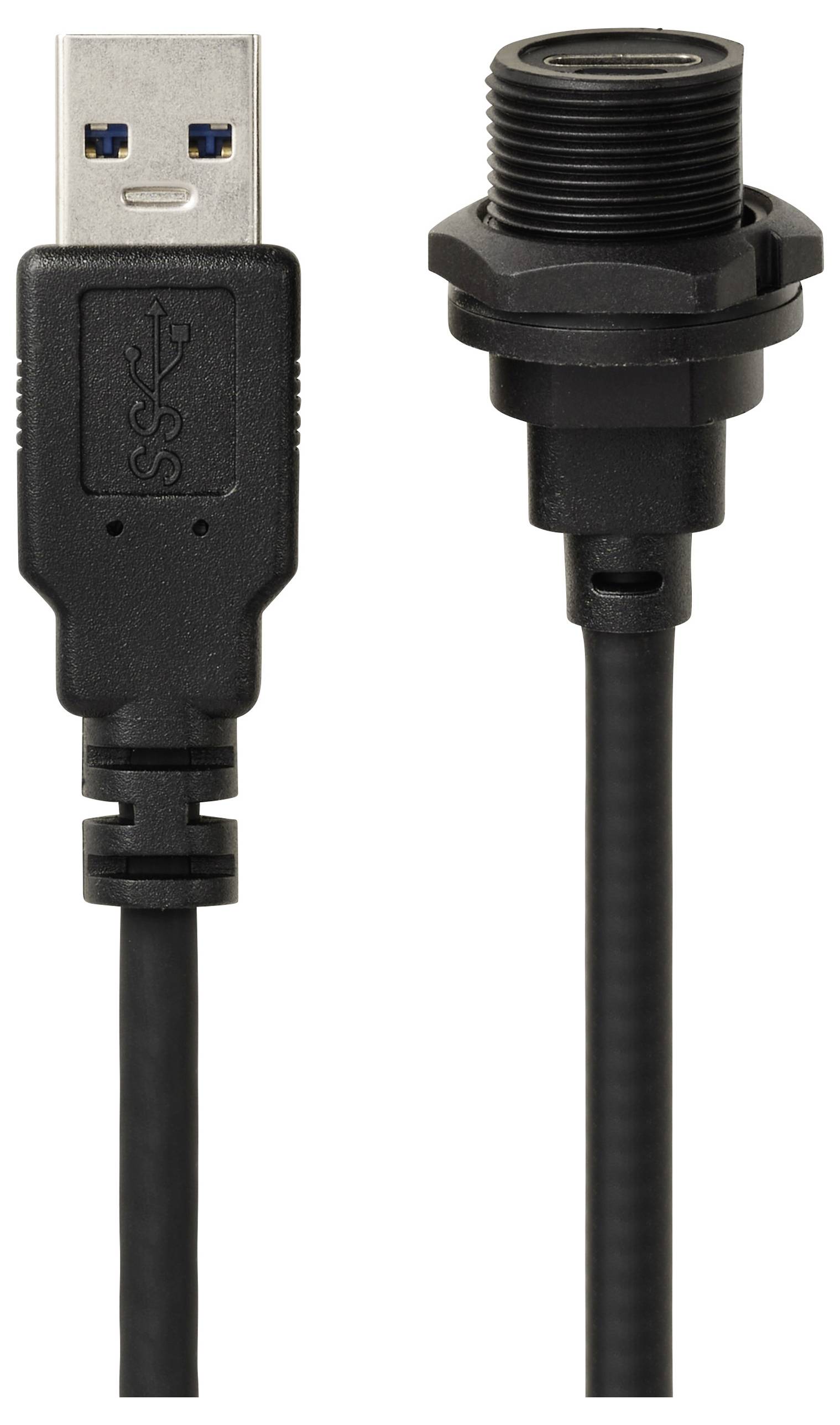 Ein schwarzes USB-Kabel mit männlichem und weiblichem Anschluss. Der linke Anschluss ist ein Standard-USB-Stecker, der rechte ist ein Anschluss mit Schraubgewinde.