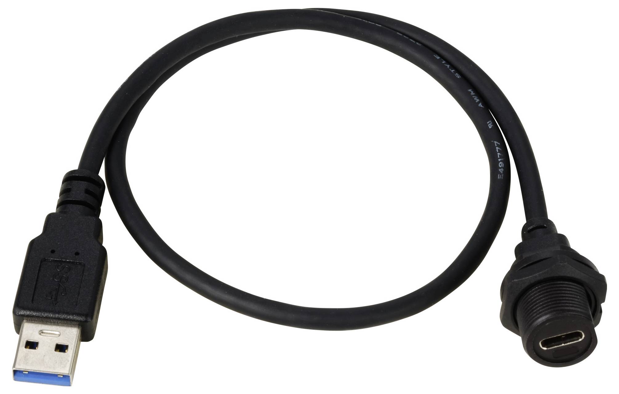Ein schwarzes USB-Verlängerungskabel mit USB-A-Stecker auf der linken Seite und USB-C-Buchse auf der rechten Seite, auf weißem Hintergrund.